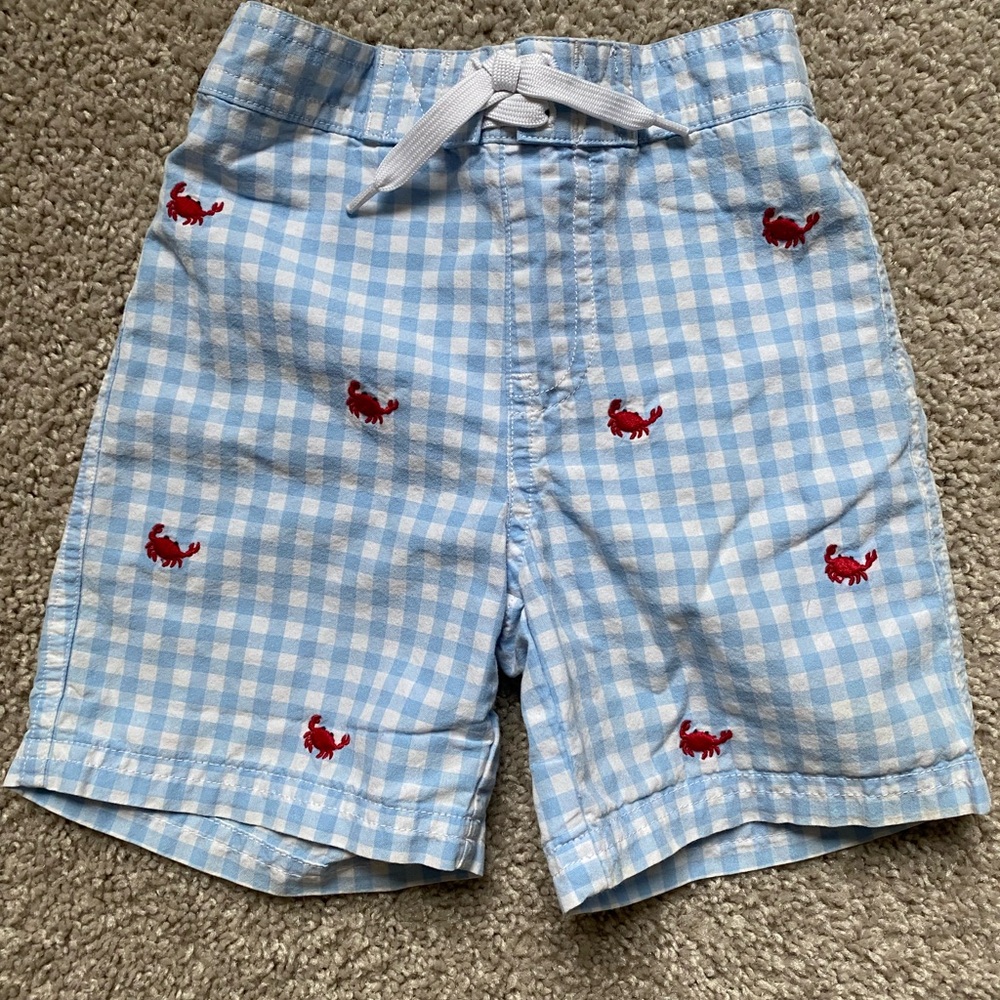 Janie and Jack Blue and White Gingham swim trunks with Red Crab Embroidery